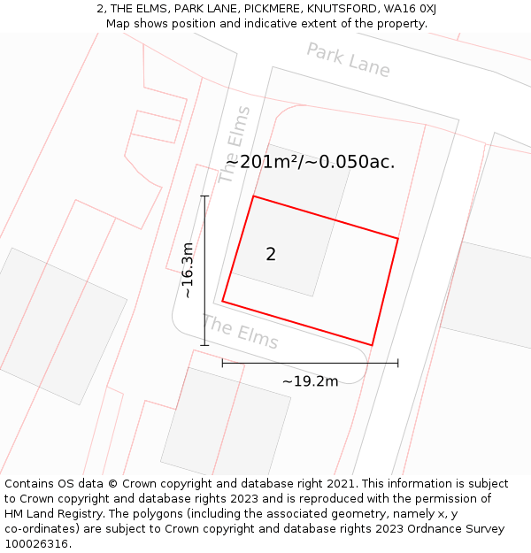 2, THE ELMS, PARK LANE, PICKMERE, KNUTSFORD, WA16 0XJ: Plot and title map