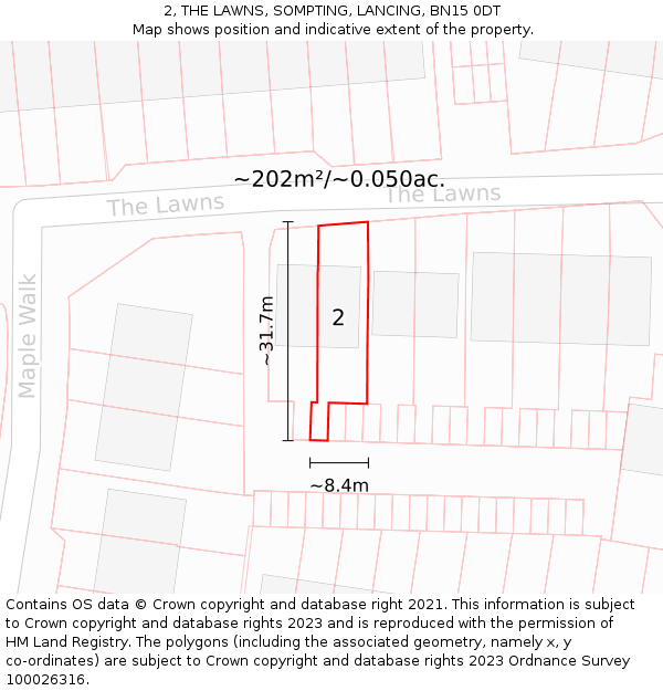 2, THE LAWNS, SOMPTING, LANCING, BN15 0DT: Plot and title map