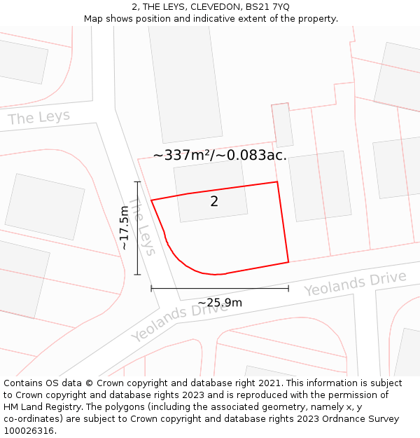 2, THE LEYS, CLEVEDON, BS21 7YQ: Plot and title map