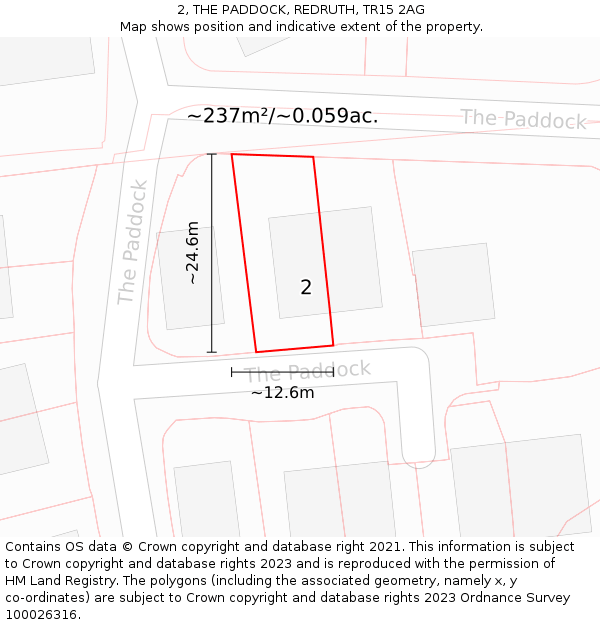 2, THE PADDOCK, REDRUTH, TR15 2AG: Plot and title map