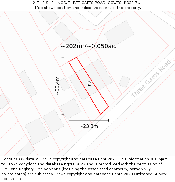 2, THE SHEILINGS, THREE GATES ROAD, COWES, PO31 7UH: Plot and title map