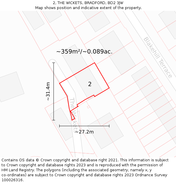 2, THE WICKETS, BRADFORD, BD2 3JW: Plot and title map