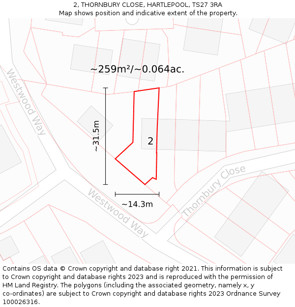 2, THORNBURY CLOSE, HARTLEPOOL, TS27 3RA: Plot and title map