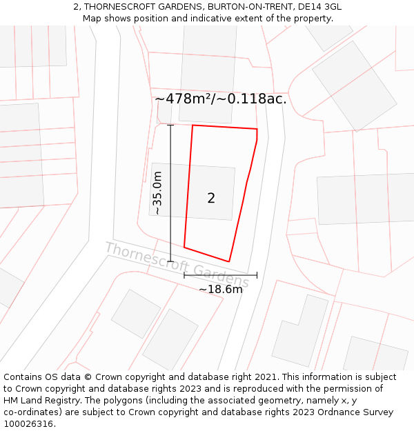 2, THORNESCROFT GARDENS, BURTON-ON-TRENT, DE14 3GL: Plot and title map