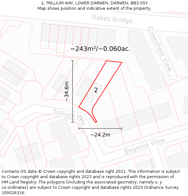 2, TRILLIUM WAY, LOWER DARWEN, DARWEN, BB3 0SY: Plot and title map