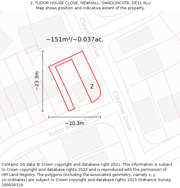 2, TUDOR HOUSE CLOSE, NEWHALL, SWADLINCOTE, DE11 0LU: Plot and title map