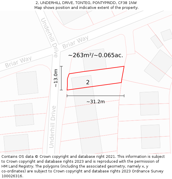 2, UNDERHILL DRIVE, TONTEG, PONTYPRIDD, CF38 1NW: Plot and title map