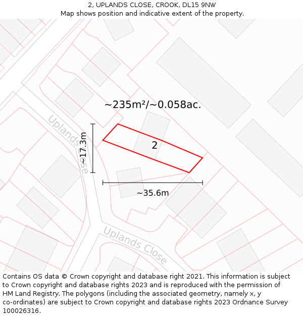 2, UPLANDS CLOSE, CROOK, DL15 9NW: Plot and title map