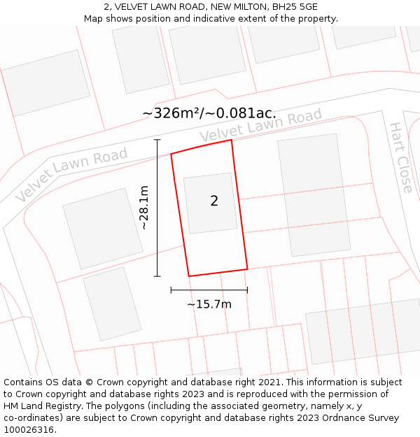 2, VELVET LAWN ROAD, NEW MILTON, BH25 5GE: Plot and title map