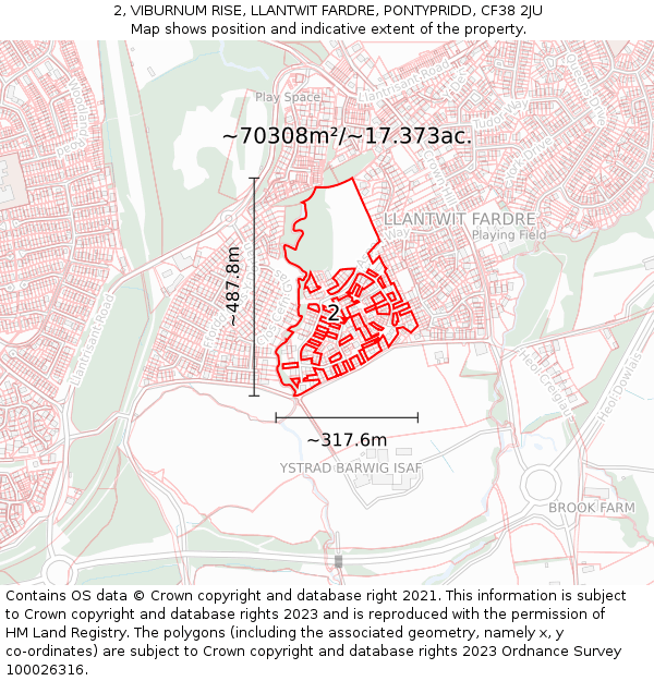 2, VIBURNUM RISE, LLANTWIT FARDRE, PONTYPRIDD, CF38 2JU: Plot and title map