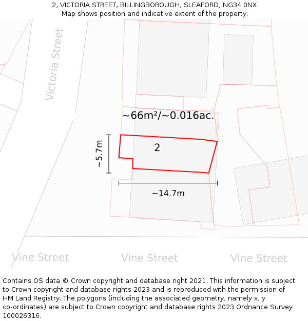 2, VICTORIA STREET, BILLINGBOROUGH, SLEAFORD, NG34 0NX: Plot and title map