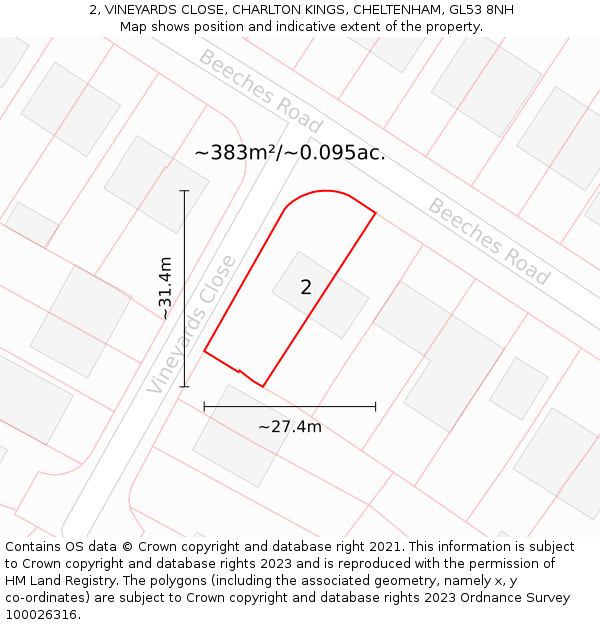 2, VINEYARDS CLOSE, CHARLTON KINGS, CHELTENHAM, GL53 8NH: Plot and title map
