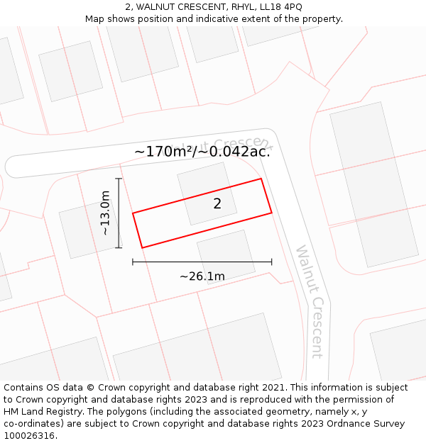 2, WALNUT CRESCENT, RHYL, LL18 4PQ: Plot and title map