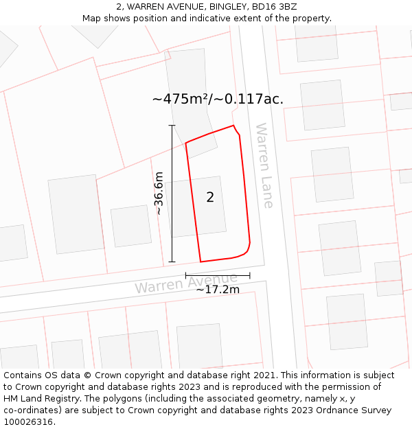 2, WARREN AVENUE, BINGLEY, BD16 3BZ: Plot and title map