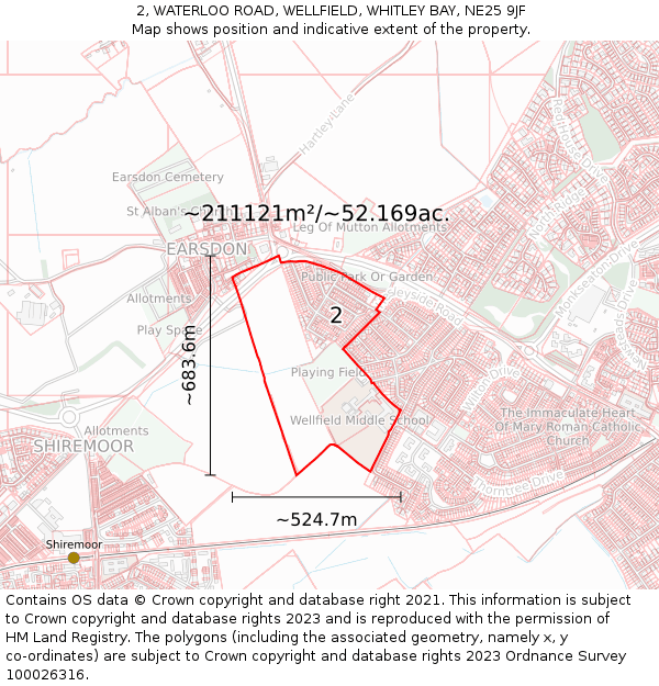 2, WATERLOO ROAD, WELLFIELD, WHITLEY BAY, NE25 9JF: Plot and title map