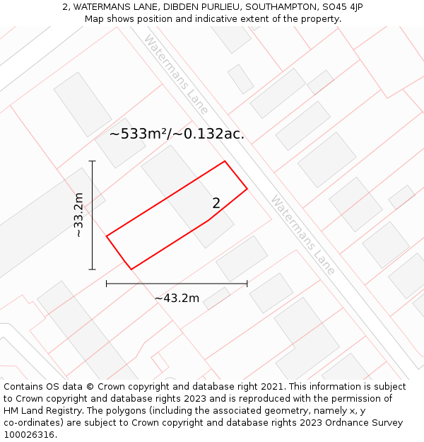 2, WATERMANS LANE, DIBDEN PURLIEU, SOUTHAMPTON, SO45 4JP: Plot and title map