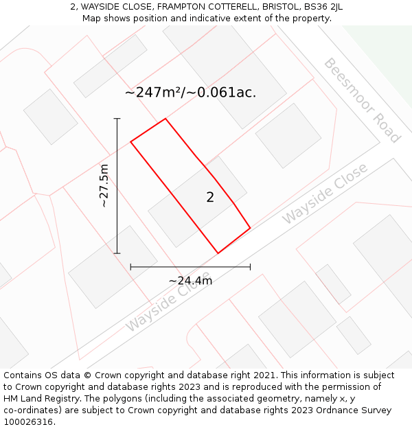 2, WAYSIDE CLOSE, FRAMPTON COTTERELL, BRISTOL, BS36 2JL: Plot and title map