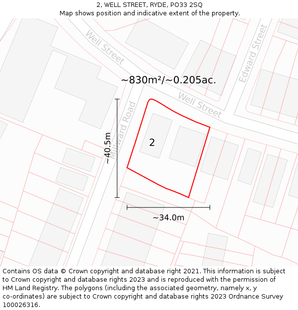 2, WELL STREET, RYDE, PO33 2SQ: Plot and title map