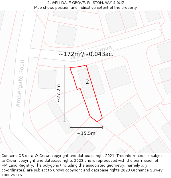 2, WELLDALE GROVE, BILSTON, WV14 0UZ: Plot and title map