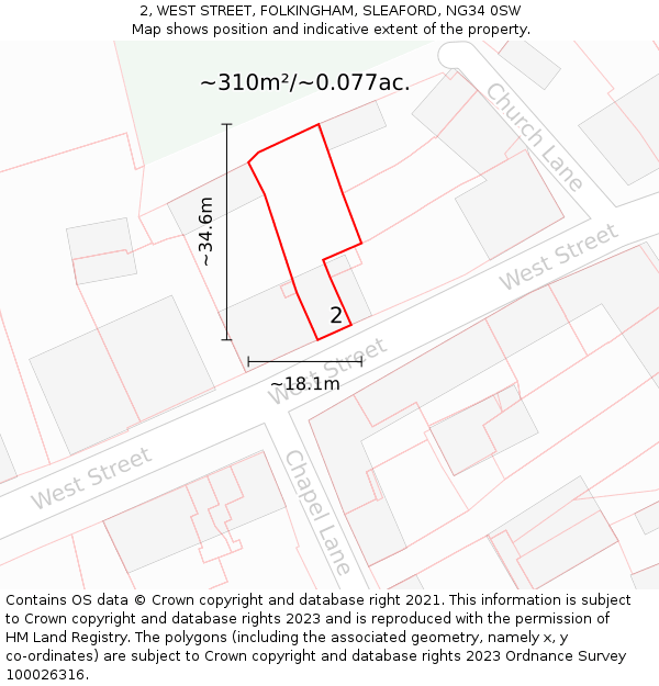 2, WEST STREET, FOLKINGHAM, SLEAFORD, NG34 0SW: Plot and title map