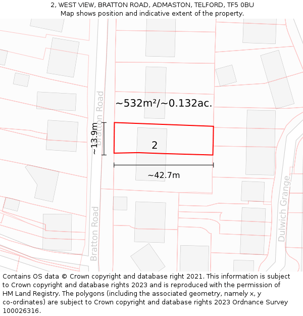 2, WEST VIEW, BRATTON ROAD, ADMASTON, TELFORD, TF5 0BU: Plot and title map