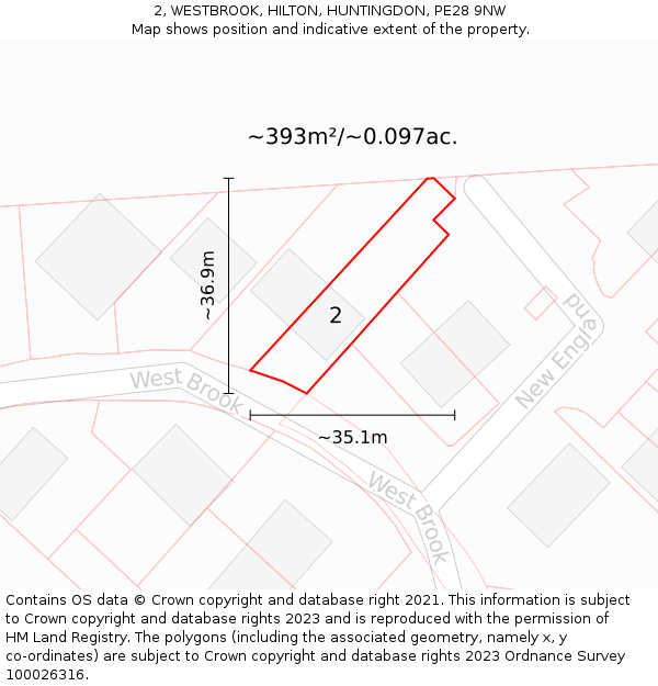 2, WESTBROOK, HILTON, HUNTINGDON, PE28 9NW: Plot and title map