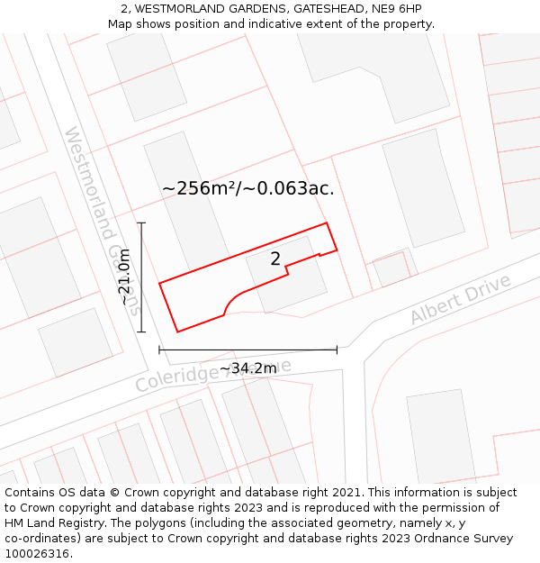 2, WESTMORLAND GARDENS, GATESHEAD, NE9 6HP: Plot and title map