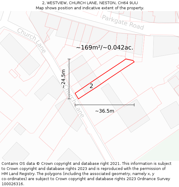 2, WESTVIEW, CHURCH LANE, NESTON, CH64 9UU: Plot and title map