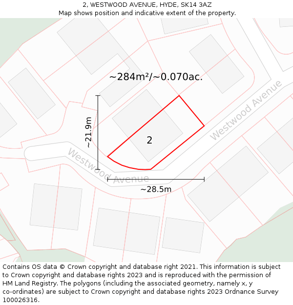 2, WESTWOOD AVENUE, HYDE, SK14 3AZ: Plot and title map