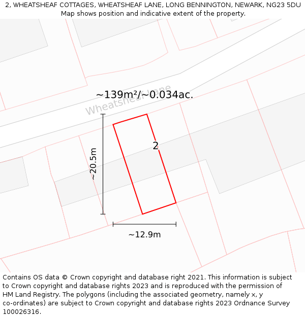 2, WHEATSHEAF COTTAGES, WHEATSHEAF LANE, LONG BENNINGTON, NEWARK, NG23 5DU: Plot and title map