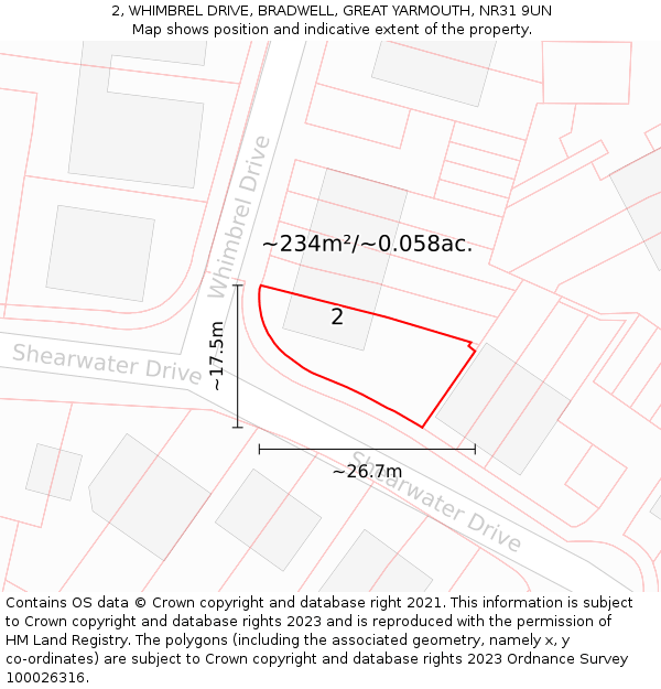 2, WHIMBREL DRIVE, BRADWELL, GREAT YARMOUTH, NR31 9UN: Plot and title map