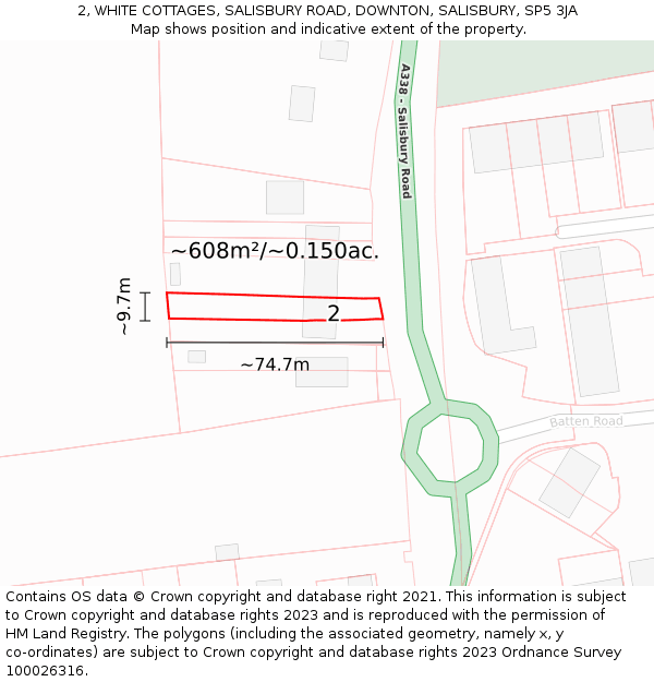 2, WHITE COTTAGES, SALISBURY ROAD, DOWNTON, SALISBURY, SP5 3JA: Plot and title map