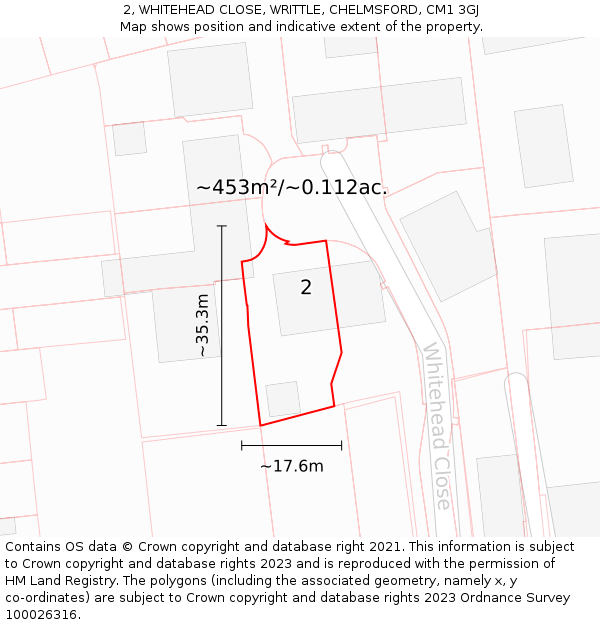 2, WHITEHEAD CLOSE, WRITTLE, CHELMSFORD, CM1 3GJ: Plot and title map