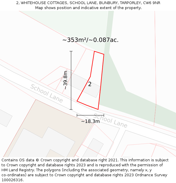 2, WHITEHOUSE COTTAGES, SCHOOL LANE, BUNBURY, TARPORLEY, CW6 9NR: Plot and title map