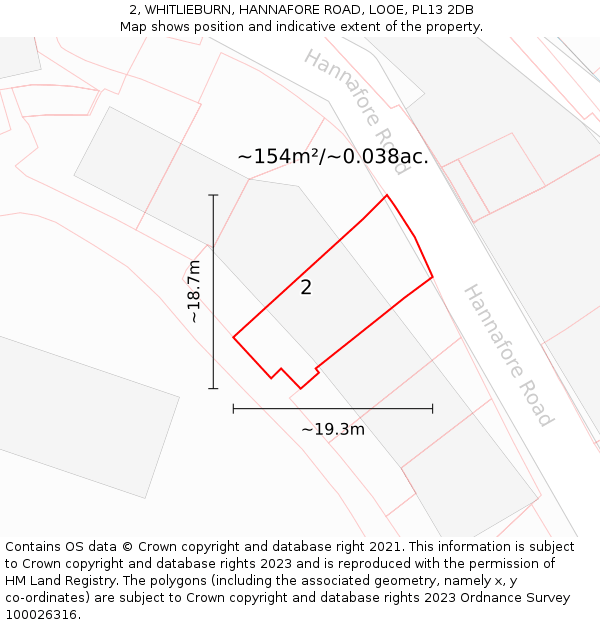 2, WHITLIEBURN, HANNAFORE ROAD, LOOE, PL13 2DB: Plot and title map