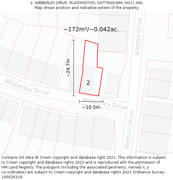 2, WIBBERLEY DRIVE, RUDDINGTON, NOTTINGHAM, NG11 6AL: Plot and title map