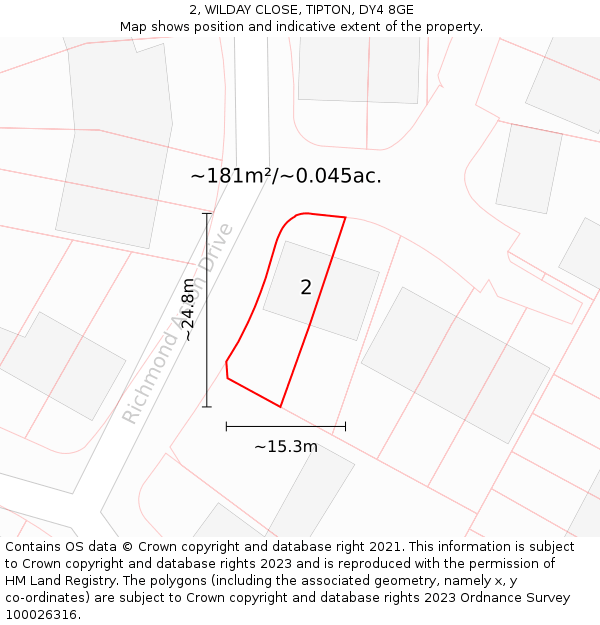2, WILDAY CLOSE, TIPTON, DY4 8GE: Plot and title map