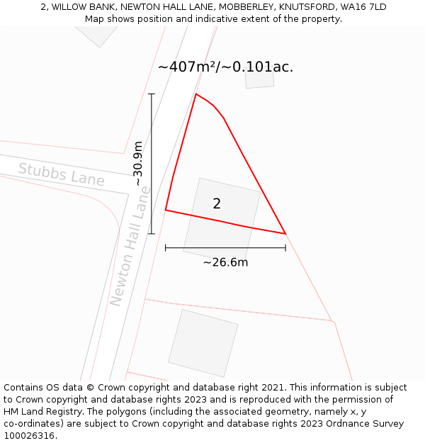 2, WILLOW BANK, NEWTON HALL LANE, MOBBERLEY, KNUTSFORD, WA16 7LD: Plot and title map