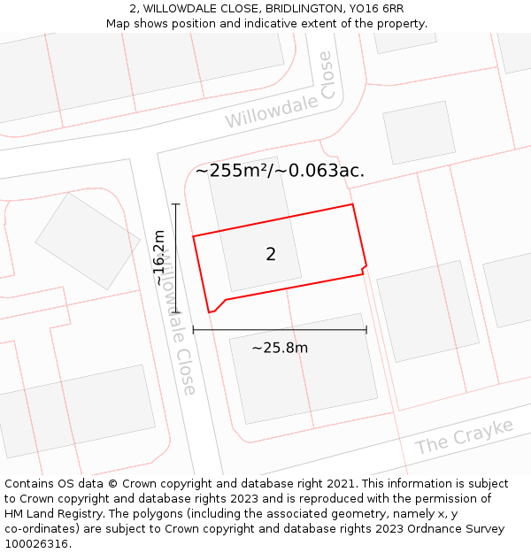 2, WILLOWDALE CLOSE, BRIDLINGTON, YO16 6RR: Plot and title map