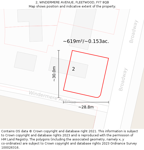 2, WINDERMERE AVENUE, FLEETWOOD, FY7 8QB: Plot and title map