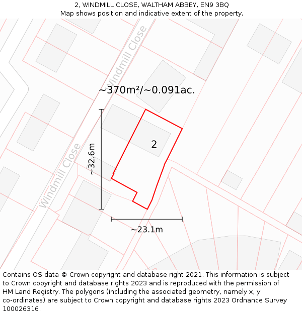 2, WINDMILL CLOSE, WALTHAM ABBEY, EN9 3BQ: Plot and title map