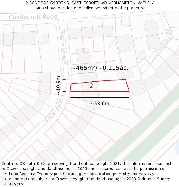 2, WINDSOR GARDENS, CASTLECROFT, WOLVERHAMPTON, WV3 8LY: Plot and title map