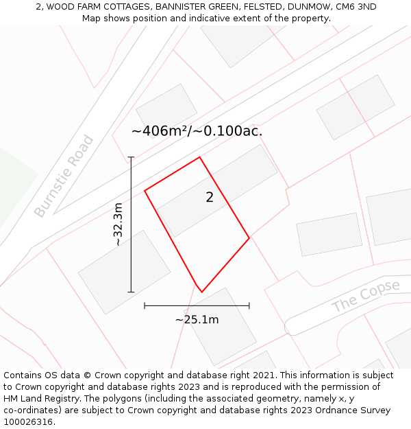 2, WOOD FARM COTTAGES, BANNISTER GREEN, FELSTED, DUNMOW, CM6 3ND: Plot and title map