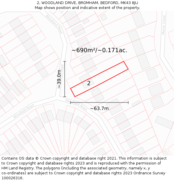 2, WOODLAND DRIVE, BROMHAM, BEDFORD, MK43 8JU: Plot and title map