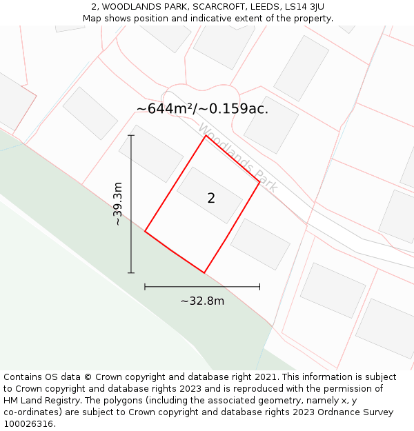 2, WOODLANDS PARK, SCARCROFT, LEEDS, LS14 3JU: Plot and title map