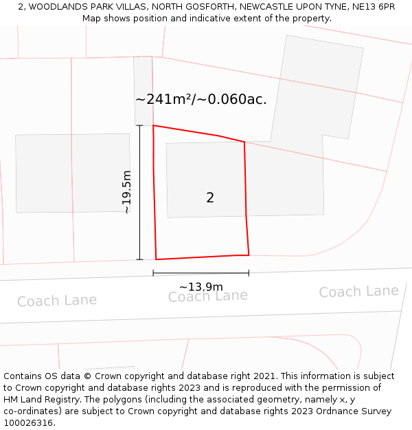 2, WOODLANDS PARK VILLAS, NORTH GOSFORTH, NEWCASTLE UPON TYNE, NE13 6PR: Plot and title map