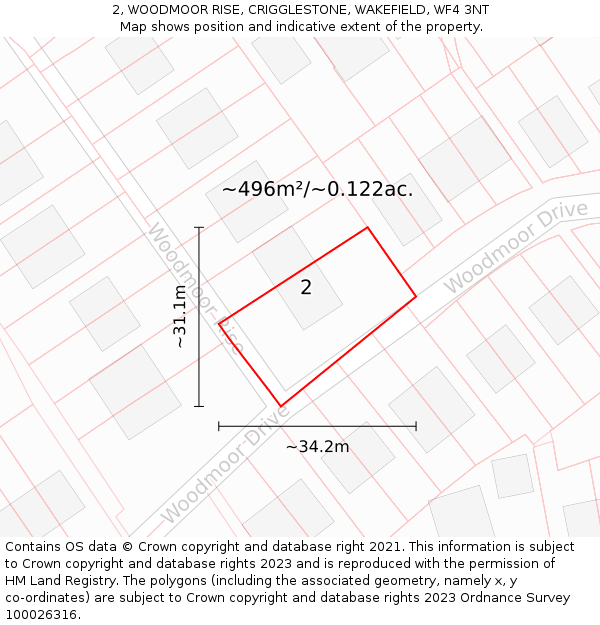 2, WOODMOOR RISE, CRIGGLESTONE, WAKEFIELD, WF4 3NT: Plot and title map