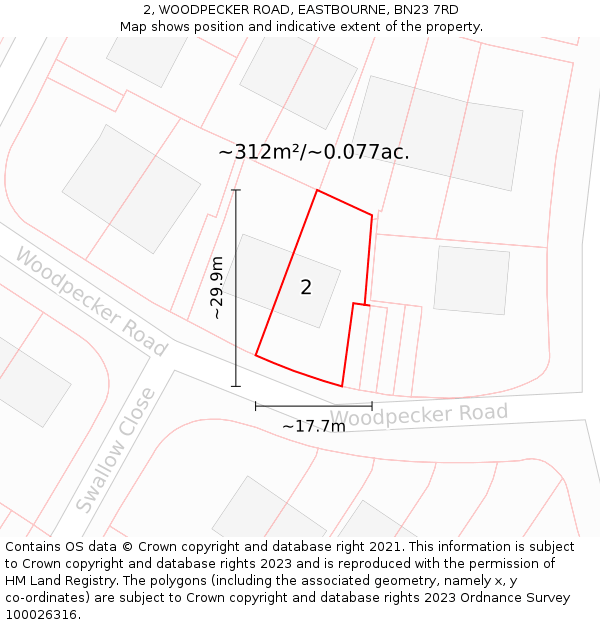 2, WOODPECKER ROAD, EASTBOURNE, BN23 7RD: Plot and title map