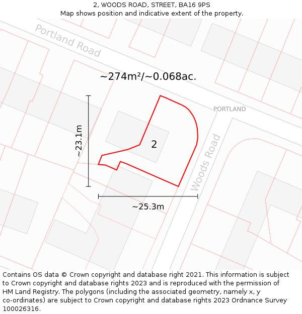 2, WOODS ROAD, STREET, BA16 9PS: Plot and title map