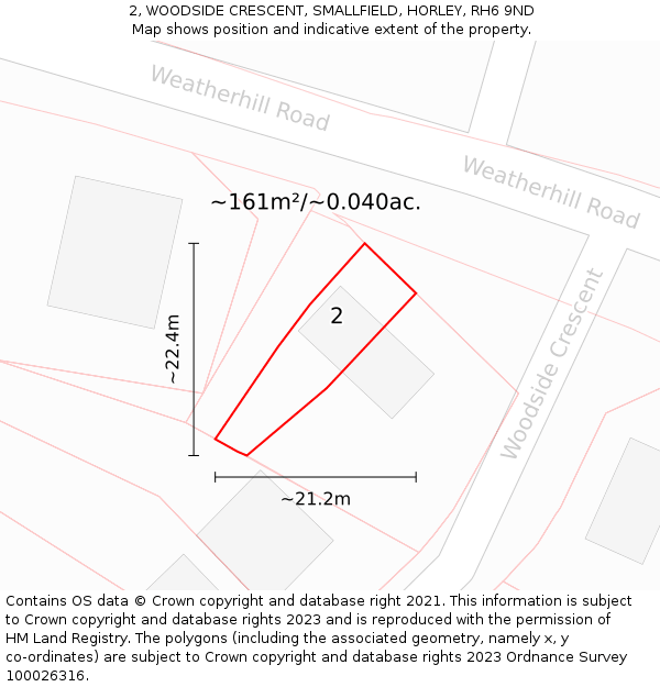 2, WOODSIDE CRESCENT, SMALLFIELD, HORLEY, RH6 9ND: Plot and title map